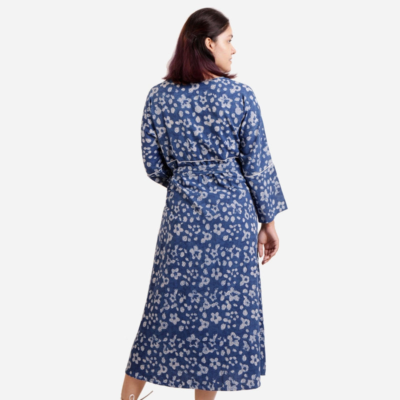 Back View of a Model wearing Indigo Dabu Block Print A-Line Floral Dress