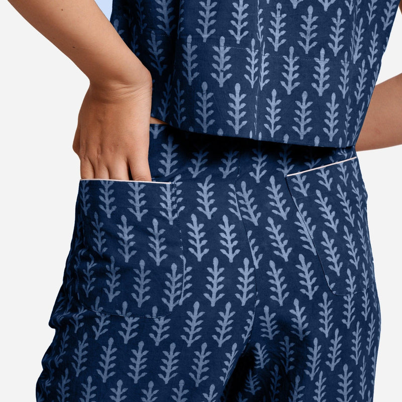 Back Detail of a Model wearing Indigo Dabu Block Print Grey Mid-Rise Culottes