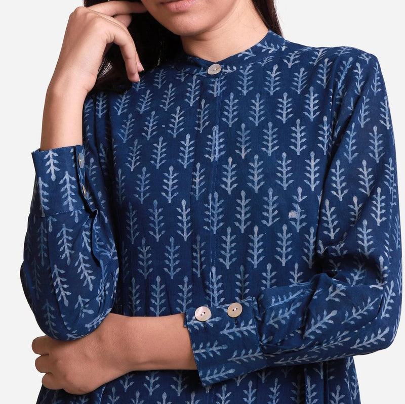 Front Detail of a Model wearing Indigo Dabu Block Print Button-Down Dress