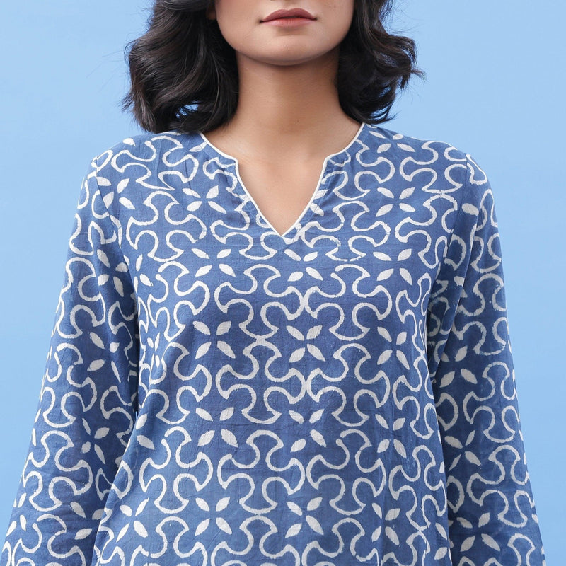 Front Detail of a Model wearing Indigo Dabu Hand Block Printed Flared Top