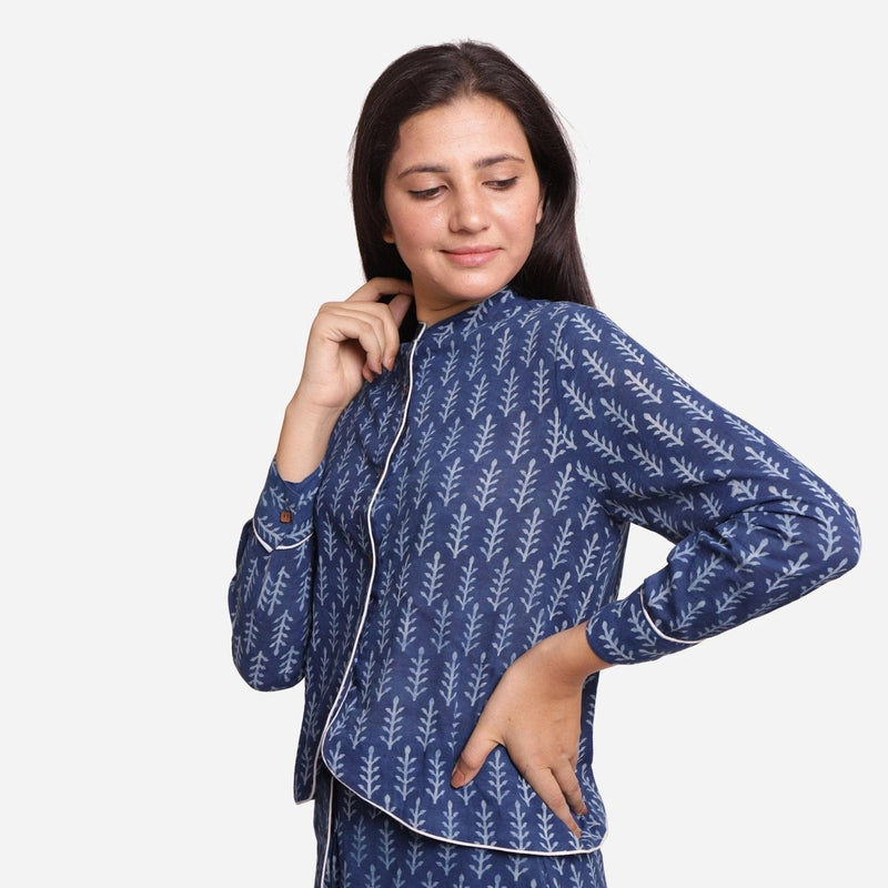 Left View of a Model wearing Indigo Dabu Block Printed Mandarin Collar Cotton Shirt