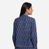 Back View of a Model wearing Indigo Dabu Block Printed Mandarin Collar Cotton Shirt