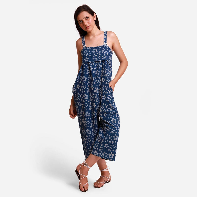 Front View of a Model wearing Indigo Flared Midi Floral Jumpsuit