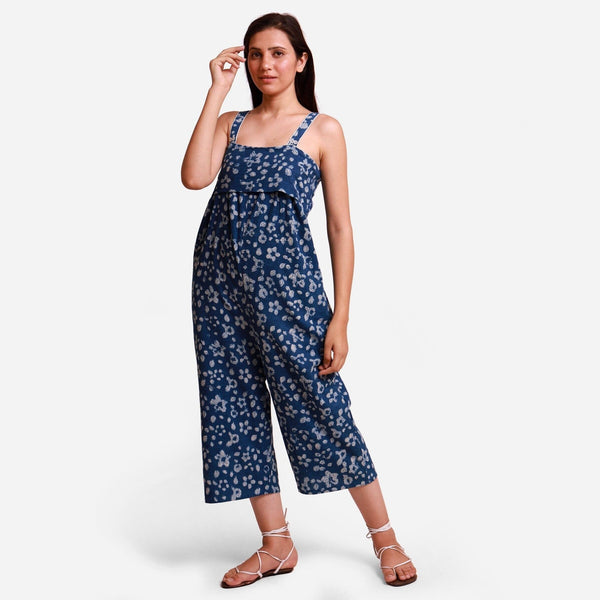 Front View of a Model wearing Indigo Flared Midi Floral Jumpsuit