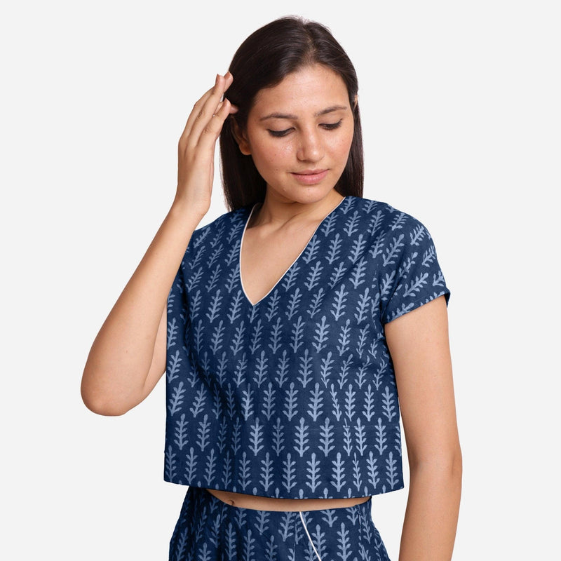 Front View of a Model wearing Indigo Dabu Block Print V-Neck Crop Top