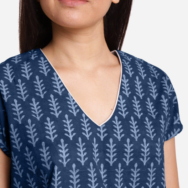 Front Detail of a Model wearing Indigo Dabu Block Print V-Neck Crop Top