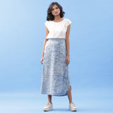 Front View of a Model wearing Indigo Dabu Printed Cotton Elasticated A-Line Maxi Skirt