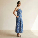 Indigo Floral Block Print Cotton Ankle Length Flared Sundress