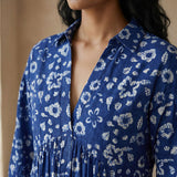 Indigo Floral Block Print Cotton Deep-V Maxi Tier Dress