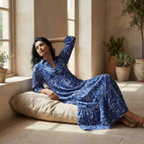 Indigo Floral Block Print Cotton Deep-V Maxi Tier Dress