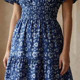 Indigo Floral Block Print Cotton Elasticated Short Tier Dress