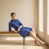 Indigo Floral Block Print Cotton Fit and Flare Button-Down Short Shirt Dress