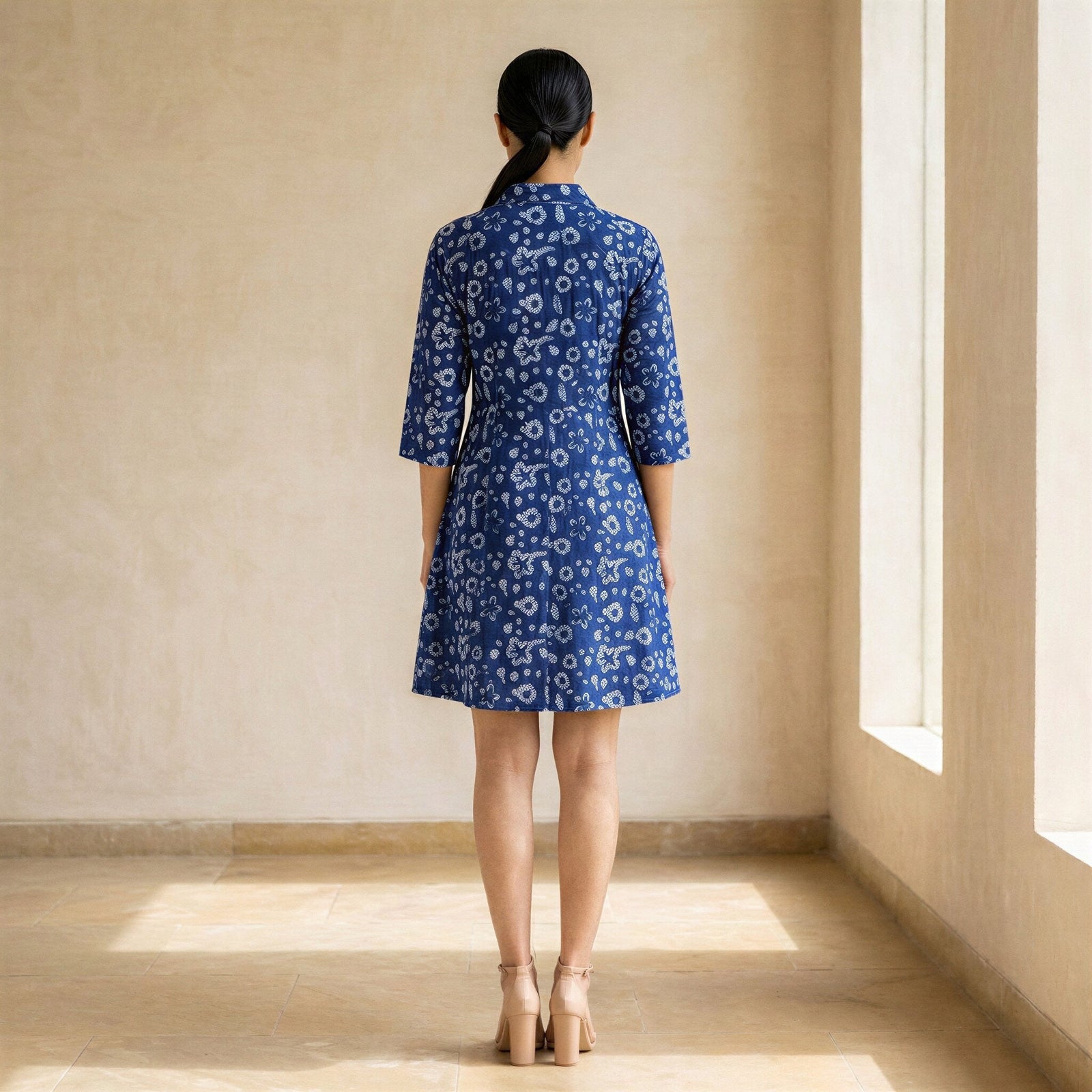 Indigo Floral Block Print Cotton Fit and Flare Button-Down Short Shirt Dress 66