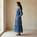 Indigo Floral Block Print Cotton Fit and Flare Maxi Tier Dress