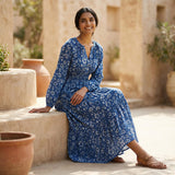 Indigo Floral Block Print Cotton Fit and Flare Maxi Tier Dress