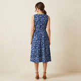 Indigo Floral Block Print Cotton Fit and Flare Sleeveless Dress