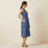 Indigo Floral Block Print Cotton Fit and Flare Sleeveless Dress