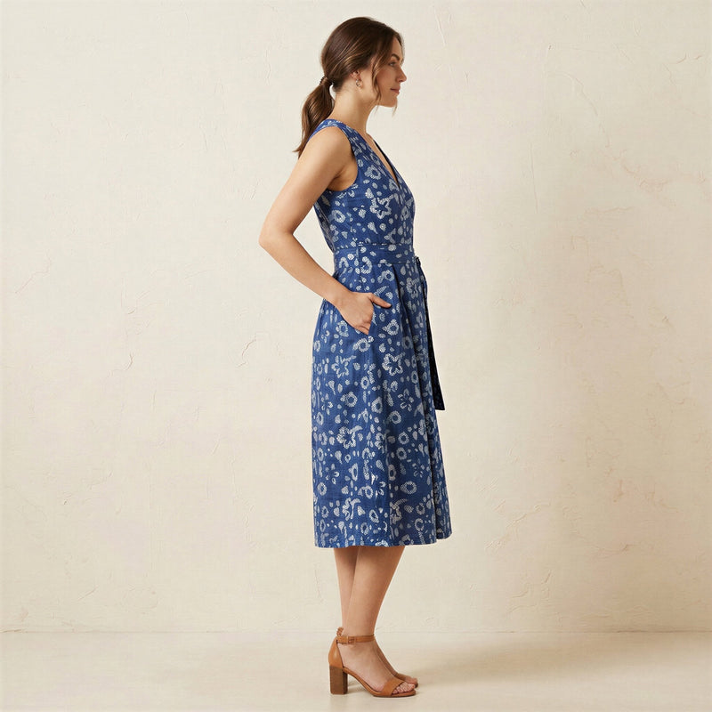 Indigo Floral Block Print Cotton Fit and Flare Sleeveless Dress 52" / Regular (5'2" - 5'6") Indigo Floral Block Print Cotton Fit and Flare Sleeveless Dress 52" / Regular (5'2" - 5'6")