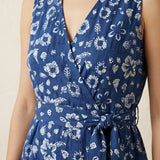 Indigo Floral Block Print Cotton Fit and Flare Sleeveless Dress