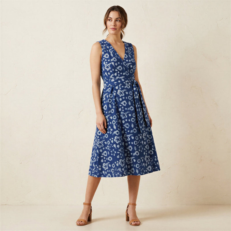 Indigo Floral Block Print Cotton Fit and Flare Sleeveless Dress 52" / Regular (5'2" - 5'6") Indigo Floral Block Print Cotton Fit and Flare Sleeveless Dress 52" / Regular (5'2" - 5'6")