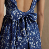 Indigo Floral Block Print Cotton Open-Back Fit and Flare Knee Length Dress