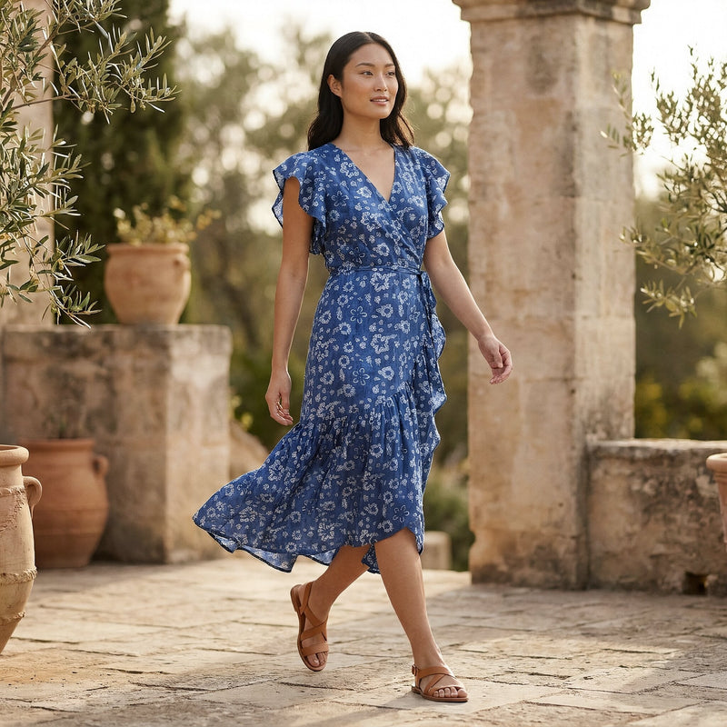 Indigo Floral Block Print Cotton Ruffle Midi Wrap Dress 38