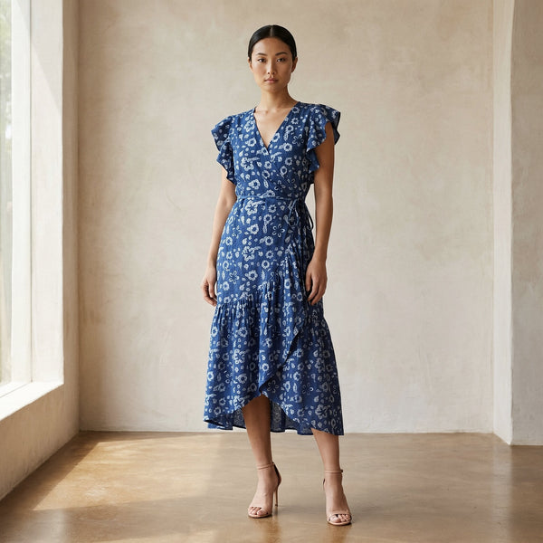 Indigo Floral Block Print Cotton Ruffle Midi Wrap Dress 38