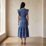 Indigo Floral Block Print Cotton Ruffle Midi Wrap Dress