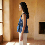 Indigo Floral Block Print Cotton Ruffle-Strap Square Neck Peplum Top