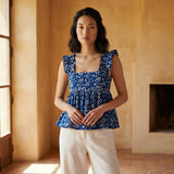 Indigo Floral Block Print Cotton Ruffle-Strap Square Neck Peplum Top