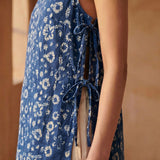 Indigo Floral Block Print Cotton Sleeveless Side-Tie Long Top