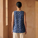 Indigo Floral Block Print Cotton Sleeveless Side-Tie Long Top