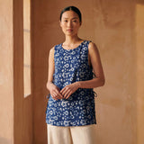 Indigo Floral Block Print Cotton Sleeveless Side-Tie Long Top