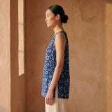 Indigo Floral Block Print Cotton Sleeveless Side-Tie Long Top