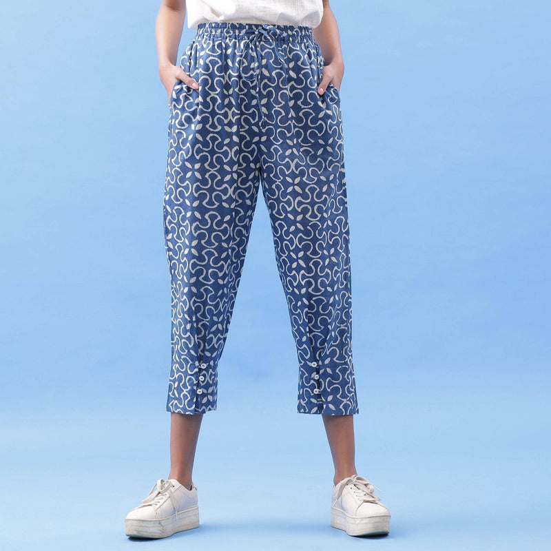 Indigo Moroccan Block Print Cotton Elasticated Mid-Rise Pegged Pant