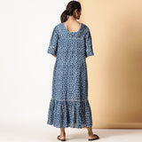 Back View of a Model wearing Breezy Cotton Indigo Dabu Maxi Tier Dress