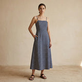 Indigo Mosaic Block Print Cotton Ankle Length Flared Sundress