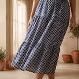 Indigo Mosaic Block Print Cotton Elasticated Maxi Tier Skirt