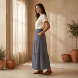 Indigo Mosaic Block Print Cotton Elasticated Maxi Tier Skirt