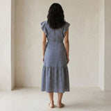 Indigo Mosaic Block Print Cotton Ruffle Midi Wrap Dress