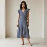 Indigo Mosaic Block Print Cotton Ruffle Midi Wrap Dress
