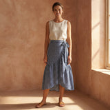Indigo Mosaic Block Print Cotton Ruffle Midi Wrap Skirt