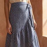 Indigo Mosaic Block Print Cotton Ruffle Midi Wrap Skirt