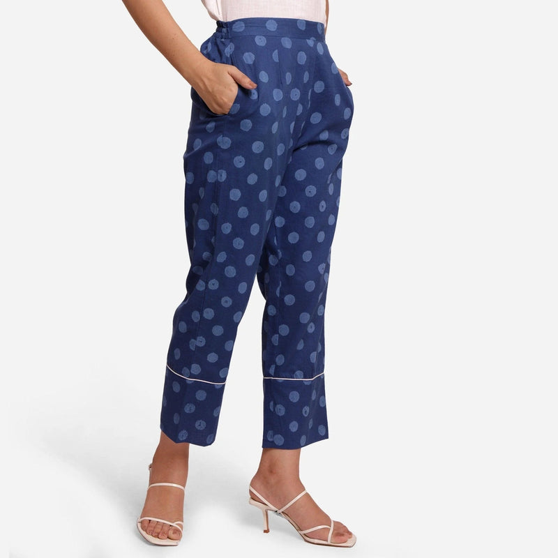 Right View of a Model wearing Indigo Polka Dot Block Print Straight Pant