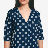 Front Detail of a Model wearing Indigo Polka Dot Block Print Cotton Midi Dress