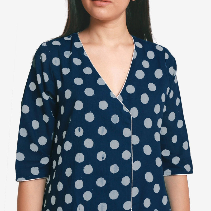 Front Detail of a Model wearing Indigo Polka Dot Block Print Cotton Midi Dress