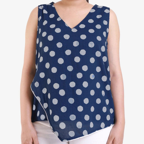 Front Detail of a Model wearing Indigo Polka Dot Block Printed Asymmetrical Cotton Top