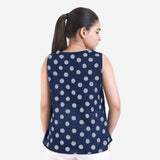 Back View of a Model wearing Indigo Dabu Block Printed Sleeveless V-Neck Top