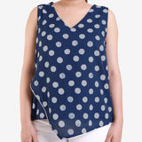 Front Detail of a Model wearing Indigo Dabu Block Printed Sleeveless V-Neck Top