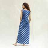 Back View of a Model wearing Indigo Polka Dot Block Printed Cotton Sleeveless Ankle Length Shift Dress